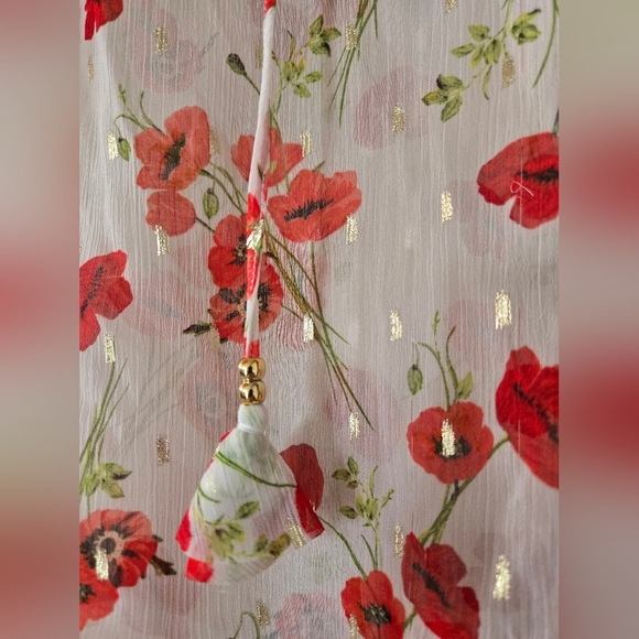 C by One | Semi-Sheer White & Red Floral Blouse with Ruffle Sleeves, Size M - Picture 7 of 8